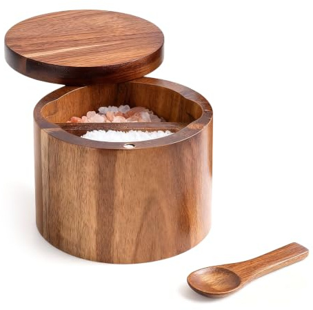 Homirty Salt Cellar Wooden,Acacia Wood Salt Cellar with Magnetic Swivel Lid & Spoon - Spice Box, Wooden Storage Container for Salt, Herbs, and Spices - Rustic Kitchen Décor, 9x9x7cm (Style 2)