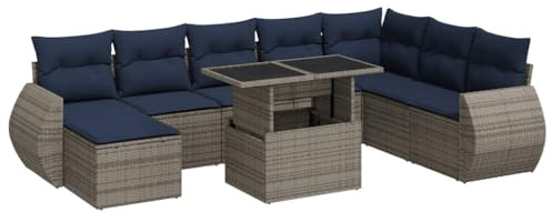 Frdhee Gartensofa Outdoor, Balkonmöbel Set, Sitzgruppe Sofa, 9 TLG. Garten Sofagarnitur mit Kissen Grau Poly Rattan Akazie, Rattansessel Möbel Für Terrasse, Balkon, Veranda, Wetterfest