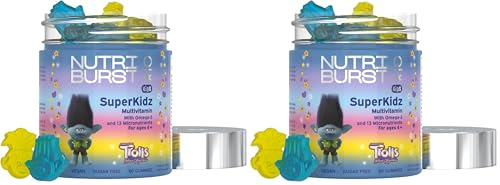 Nutriburst TROLLS SuperKidz - Chewable Multivitamin for Health, Growth & Development - 13 Essential Nutrients: Vitamin A, B12 C, D3, E, Iron, Omega-3 - Vegan + Sugar Free - Orange Flavour - 60 Gummies