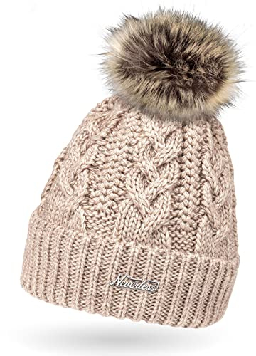 Neverless Damen Strick-Mütze gefüttert mit Kunst-Fell-Bommel, Winter-Mütze, Bommelmütze, hell-beige Unisize