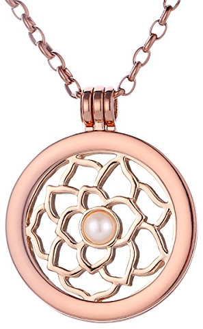 Morella Damen Halskette Rosegold 70 cm Edelstahl mit Amulett und Coin 33 mm Blume Lotus in Schmuckbeutel