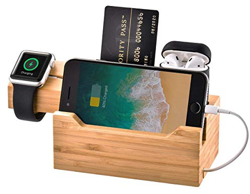 Bamboo Wood Multi-Device Desktop 3 USB HUB Charging Dock Station Charge Holder Cradle Charger Stand Compatible with iPhone 12 11 Pro Max XS XR 8 Plus Apple Watch 3 4 iWatch AirPods Samsung Smartphones