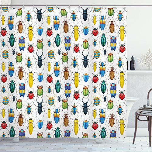 ABAKUHAUS Insekten Duschvorhang, Bunte Insekten, Stoffliches Gewebe Badezimmerdekorationsset mit Haken, 175 x 180 cm, Weiss Mehrfarbig
