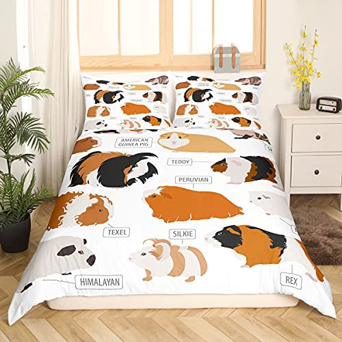 Loussiesd Meerschweinchen Bettwäsche Set Süße Tiere Muster Arten von Nagetier Rassen Betten Set Kinder Jungen Dekorative Bettbezug Set 135x200cm (1 Bettbezug & 1 Kissenbezug) Brauner Ingwer