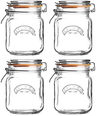 Kilner Clip Top Square Jar Ideal for Storing Food 1 Litre Clear/Transparent (Pack of 4)