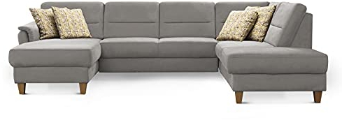 CAVADORE Wohnlandschaft Palera / U-Form Sofa mit Schlaffunktion, Stauraum und Federkern / 314 x 89 x 212 / Mikrofaser, Hellgrau