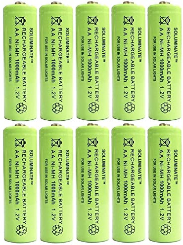 Soluminate Rechargeable AA Solar Light Batteries (1000mAh) for High Capacity Garden Solar Lights (10-Pack)