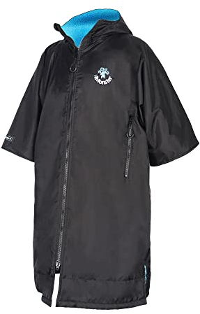 4Monster Unisex Schwimm-Parka mit Kapuze,schnelltrocknender Neoprenanzug,Wickelmantel,wasserdicht,warmer Mantel,Surf-Poncho für Wassersport,Strand & Pool, L(kurzärmelig, schwarz)