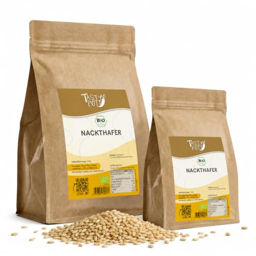 Tasty Pott Bio Nackthafer - Spelzfrei I Vegane Ernährung I Haferkörner I Für Müslibowls I Zum Brot backen I Bio Saat I Ganzer Hafer I Im Beutel 1000g