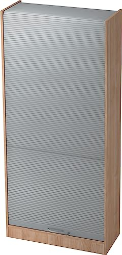 bümö Rollladenschrank in Nussbaum/Silber mit Bogengriff - Vertikal Jalousieschrank 90 cm breit, Aktenschrank abschließbar, Büroschrank für Ordner & Co.