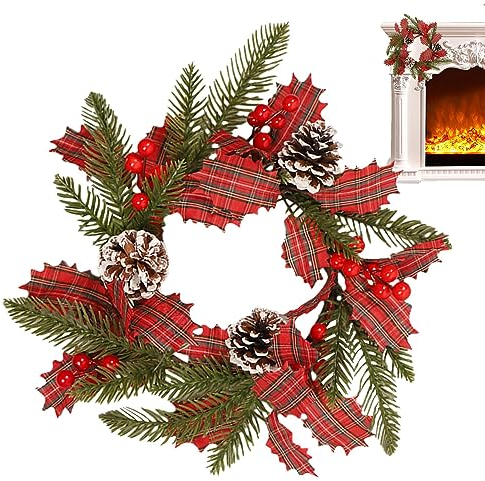 Bexdug Vintage Weihnachtskranz, Haustürkranz Weihnachten rot Karierte Girlande, Künstliche Tannenzapfen, Bauernhaus-Weihnachtsdekorationen für Zuhause, Fenster, Wand