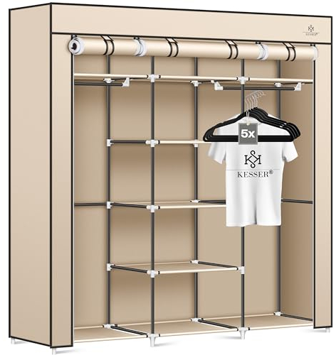 KESSER® Armoire en Tissu Solide avec Tringle à vêtements et étagères, 5 cintres Inclus, Armoire Pliante en Tissu pour Chambre à Coucher, Dressing avec Porte-Manteau 150 x 45 x 175 cm, Beige