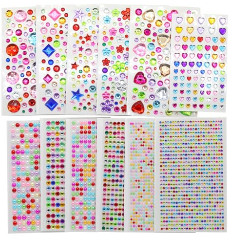Behiruch 3400 Stück Glitzersteine Selbstklebend, 12 Blätter Strasssteine Gesicht Glitzer Sticker Aufkleber für Kinder, Glitzersteine zum Basteln Bunt Rhinestones Schmucksteine für Grußkarten Handwerke