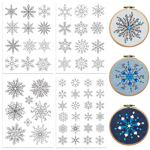 GLOBLELAND 4 Blatt Weihnachts Schneeflocken Stick Und Stickvlies Wasserlösliches Stabilisator Handstickerei Für DIY Nähen Stickerei Selbstklebende Handnäh Stabilisatoren Vliesstoffe
