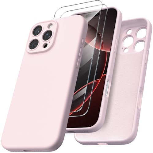 ORNARTO Cover per iPhone 16 Pro Max Silicone 6.9 Pollici, con 2 Pellicola Vetro Temperato, Morbido Silicone Liquido Protezione, Antiurto Sottile Protezione Custodia iPhone 16 Pro Max-Rosa