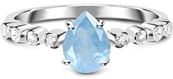 Beydodo Damen Ring Silber 925 mit Stein, Trauringe Tropfen mit Aquamarin Verlobung Ring Personalisiert Silber Größe 52 (16.6)