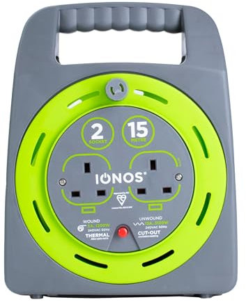 IONOS 2 Socket Cable Reel, 15m, Green, 13 Amp, Thermal Cut Out, Heavy Duty, Outdoor Extension Lead, Ideal for Garden, DIY, Workshop, Power Tools (ION15M2SHBCR2)
