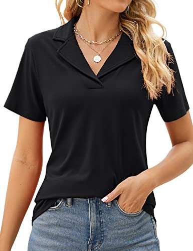Rapbin Women's Polo Shirt Slim Fitted Tops Classic Short Sleeve Business Cotton T Shirts Poloshirt for Womens (B, 12-14) Black