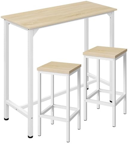 EUGAD Set Mesa de Bar y 2 uds, Taburete de Bar Muebles Cocina Silla de Comedor para Salon Cocina Mesa 100x40x100 cm Estructura de Metal, Roble Claro + Blanco