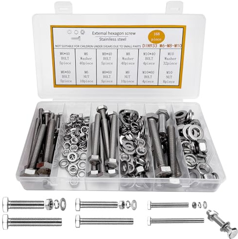 Viti Bulloni e Dadi a Testa Esagonale, 168 Pezzi M6 M8 M10 Viti Bulloni e Dadi e Rondelle Set, Kit Vitis Testa Esagonale in Acciaio Inox, Assortimento di Vitis a Brugola Set, con Scatola Organizzativa