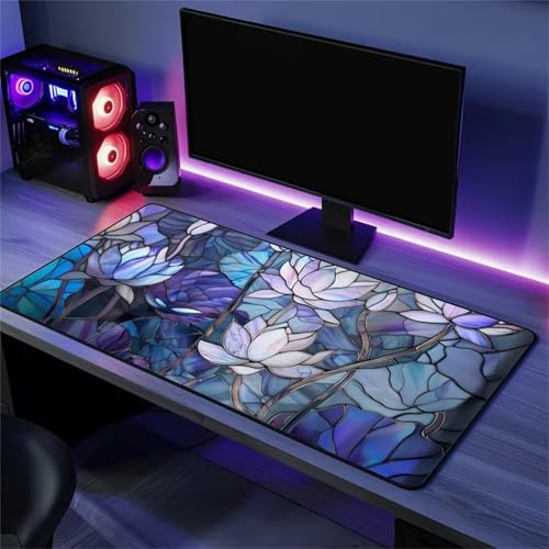Gaming Mauspad, 800x300x3 mm Großer Mouse Pad, XXL Mousepad, Tischunterlage Large Size, mit genähten Kanten Nicht rutschender Gummibasis für Tastatur, PC, Laptop (Lotus Aus Buntglas)
