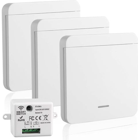 4 Piezas Interruptores Inalámbrico, 433MHz Interruptor de Luz con Receptor | 220V 10A Mando a Distancia Alcance 30m, Control Remoto Sin Cableado para Lámparas de Hasta 1500W, Techo, Electrodomésticos