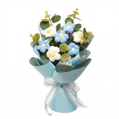 PLUSHCEWT Gehäkelter Blumenstrauß Blau 23x33cm Handgemacht | Garn, Pflegeleicht, Kein Gießen, Farbecht, Für Wohnzimmer und Büro, Geschenk für Frauen