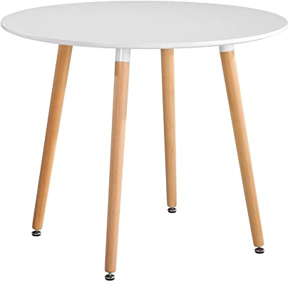 GOLDFAN 80cm Moderner Mattem Esstisch Holz mit Buche Beine Geeignet für Esszimmer Küche Wohnzimmer Rund, Weiß