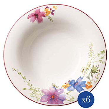 Villeroy & Boch Mariefleur Gris Basic Lot de 6 assiettes creuses, 23 cm, blanc/multicolore, pour soupes et ragoûts, passent au lave-vaisselle, au micro-ondes, bols à soupe, vaisselle, porcelaine de
