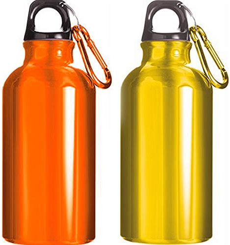 nm 2 Borracce 400 ml con Moschettone Alluminio Bottiglia Acqua Alta qualità Adatta Viaggi Bambini Sport Palestra Scuola Lavoro Tempo Libero Riutilizzabile Idea Regalo (Giallo - Arancio)