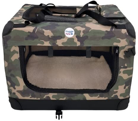 HugglePets Foldable Fabric Pet Crate Carrier - Green Camo (Extra Large 82cm) Lightweight & Ventilated Double Door Carrier for Dogs & Cats with Sheepskin Mat. Ideal for Home & Travel.