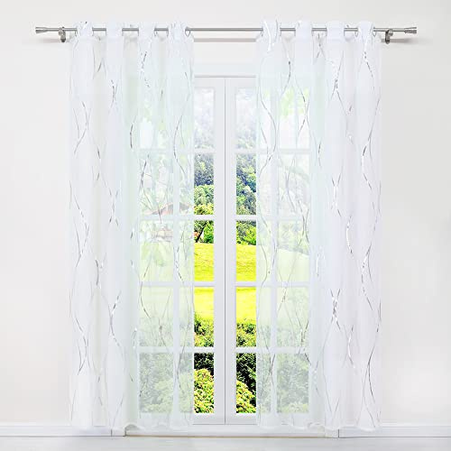 SCHOAL Gardinen mit Ösen Transparente Vorhänge Voile Gardinenschal Fensterschal Modern Dekoschals mit glänzenden Wellen Muster 1 Stück BxH 140x145cm Silber