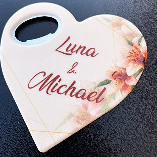 Custom Heart Shape Wedding Favor Magnets, Personalised Bottle Openers for Save The Date, Wedding Shower or Wedding Ceremony
