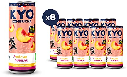 KYO Lot de 8 Canettes 33cl Kombucha Pêche Baies de Sureau bio - Pétillant - faible en sucre - sans alcool et artisanal