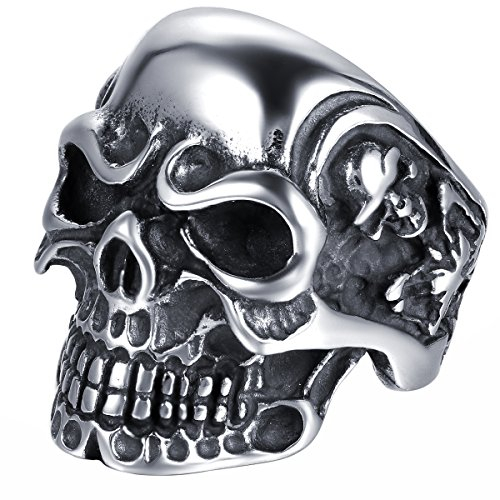 JewelryWe Totenkopf Ring Herren Edelstahl: Herren-Ring Biker Gotik Schädel Skull Edelstahlring Männer Band mit Gravur für Halloween Schwarz Silber Größe 58