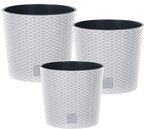 botle Lot de 3 Pots de Fleurs Ronds en rotin pour l'intérieur et l'extérieur - 19 x 22 x 27 cm - Blanc - avec Insert pour Plantes