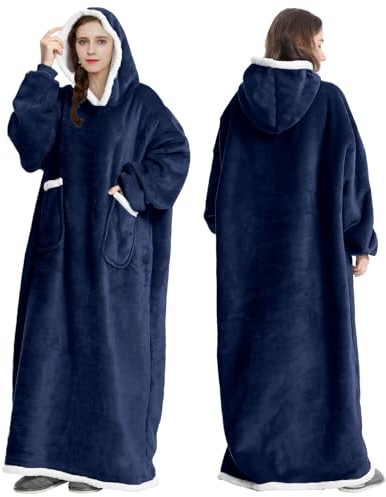 FEELJAM Decke Hoodie Decke mit Ärmeln und Kapuze Marineblaue Wolldecke mit Ärmeln tragbare Decke für Erwachsene 80 x 180 cm, Navy blau