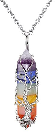 JSDDE Chakra Crystal Necklace Life Tree Wire Wrapped Healing Crystals Gemstone Pendant Necklaces Jewelry for Women