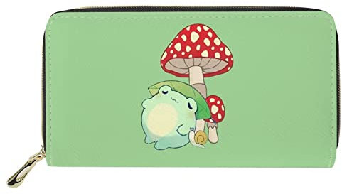 HUGS IDEA Cartoon Frosch mit Pilz Damen PU Leder Slim Wallet Kartenhalter Clutch Damen Geldbörse, Cartoon Frosch, Casual