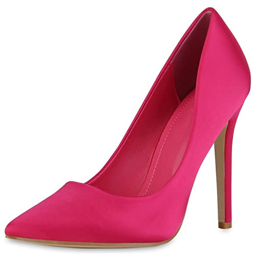 VAN HILL Damen High Heels Pumps Party Stiletto Schuhe Spitze Satin-Optik Absatzschuhe Elegante Freizeit Abendschuhe 210748 Fuchsia 36