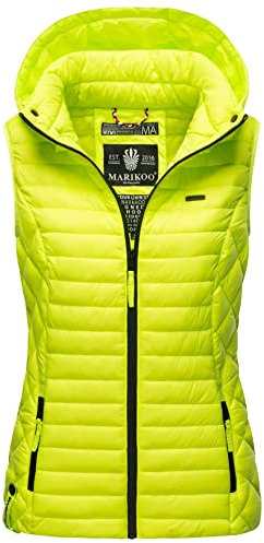 MARIKOO Damen Kapuzenweste für den Übergangs Weste mit Kapuze Steppweste B915 [B915-Hasenp-Neon-Grün-Gr.3XL]