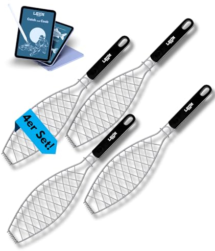 LEÓN Goods® : Fischgriller [ Edelstahl ] Grillzubehör - Grillzange für Fisch. Grillzubehör für Angler! Fisch - Grillrost + E-Book! (4X Set)