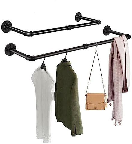 XJYMCOM 2PCS Wall Mounted Clothes Rail 80cm Industrial Pipe Hanger Towel Rack Vintage Garment Bar Heavy Duty Wall Rail for Clothing Rod Hanging Display Holder for Bedroom Laundry Black