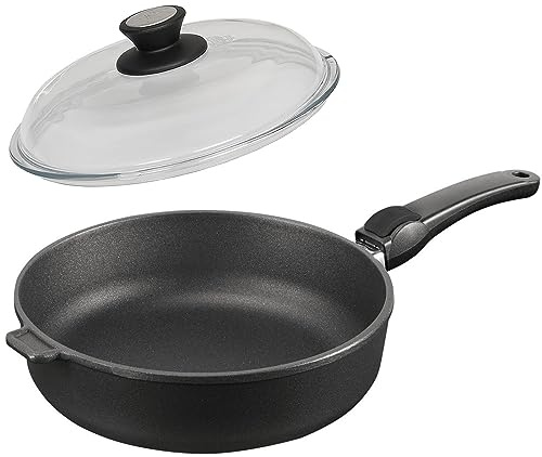 SKK runde Schmorpfanne Ø 20 cm - ohne Induktion - kleine Antihaft Aluguss Bratpfanne 2-tlg. Stiel abnehmbar & Vollglas Deckel - Made in Germany