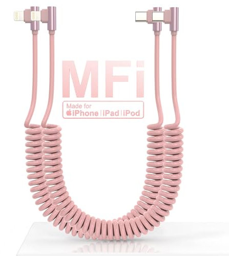 Cable USB C a Lightning en espiral de 90 grados paquete de 2, Cable Apple CarPlay [certificado Mfi y sincronización de datos], PD 20W Cable iPhone corto retráctil USB C para coche para iPhone/Pad/Pod
