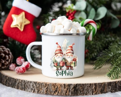 wolga-kreativ Emaille Tasse Becher Campingbecher Name Zwerge Wichtel Weihnachtswichtel Geschenk Weihnachten Nikolaus, Kaffeetasse, Emaillebecher | mit namen