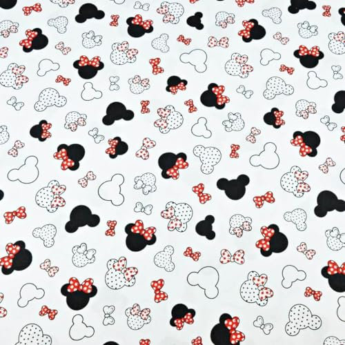 Textrend Baumwollstoff Stoffe Meterware - Stoff zum Nähen - 100% Baumwolle - Textilien 1x1.6m - Stoff mit Mickey-Muster (MIKI klein schwarz und rot mit Schleife auf weißem Hintergrund)