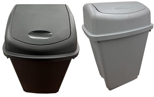 Pluto Packaging Home Kitchen Office Plastic Black Or Silver Bin Rubbish Waste Trash Bin With Swing Lid (Black - 2 x 50 Litre)
