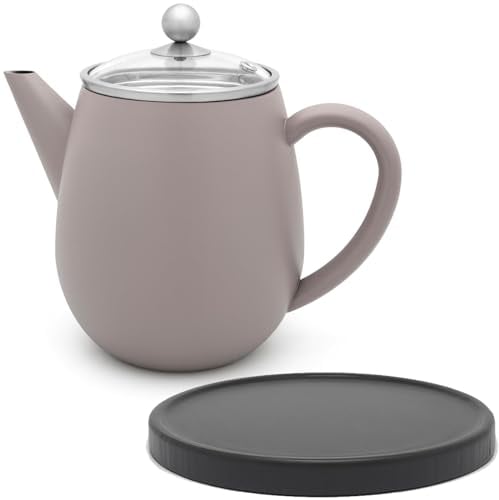 Bredemeijer graue doppelwandige Teekanne 1.1 Liter - isolierende Edelstahl Kanne mit Deckel aus Glas & Tee-Filter Sieb-Einsatz und schwarzem Holz-Untersetzer