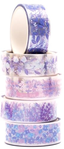 KAVI' S 5 Rollen Blumen Washi Tape Set Klebeband Papier PET Dekorativ Weinlese Masking Tape Durchsichtig Klebeband Bunt für Scrapbooking Handwerk Handwerk (Lavender)